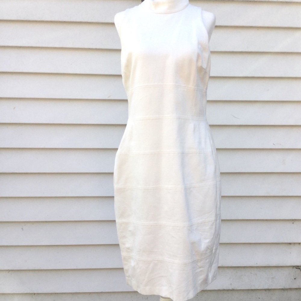 White House Black Market Dress Womens Sz 8 Ecru Sleeveless Mock Neck Sheath